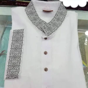 Men’s White Panjabi with Ash Embroidered Collar & Cuff