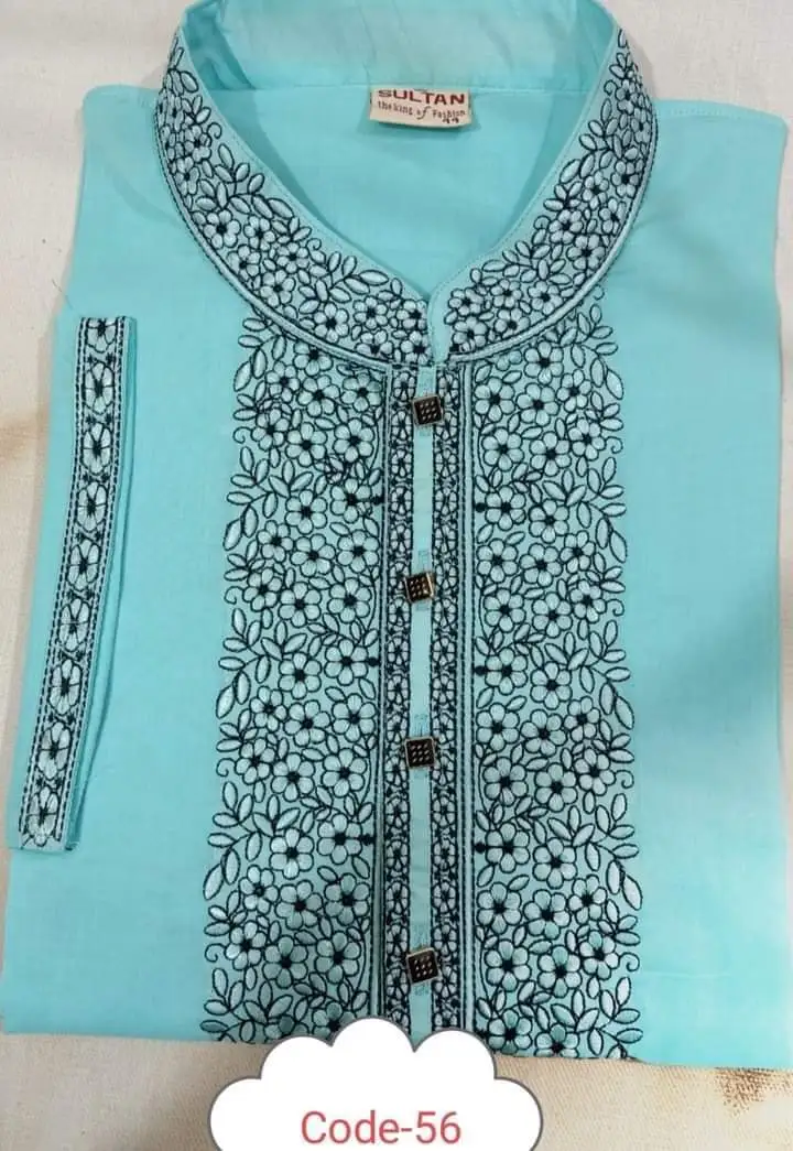 Men’s Sky Blue Panjabi with Black Floral Embroidery