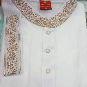 Men’s White Panjabi with Golden Embroidered Collar & Cuff