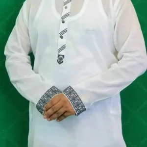 Men’s White Panjabi with Blue Embroidered Collar & Cuff